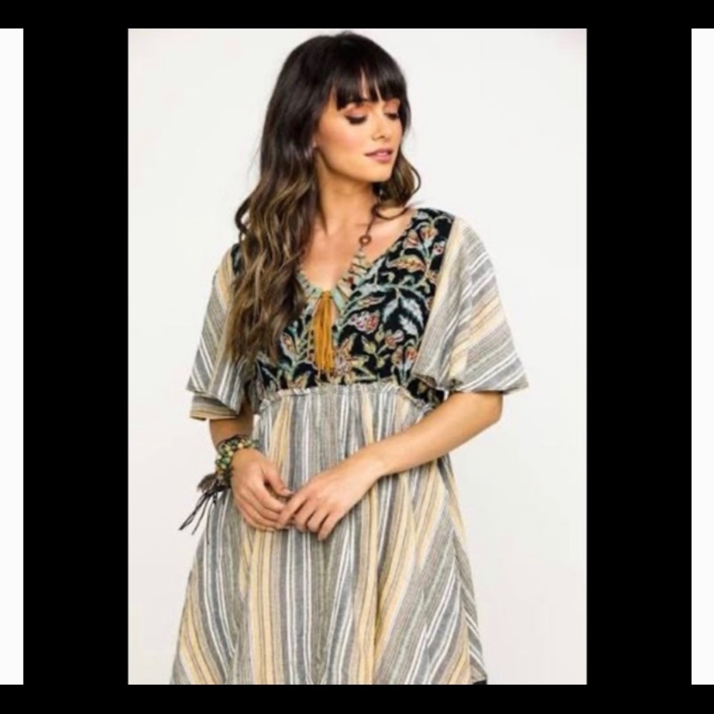 Free People Striped Mini Dress with Floral Embroidery